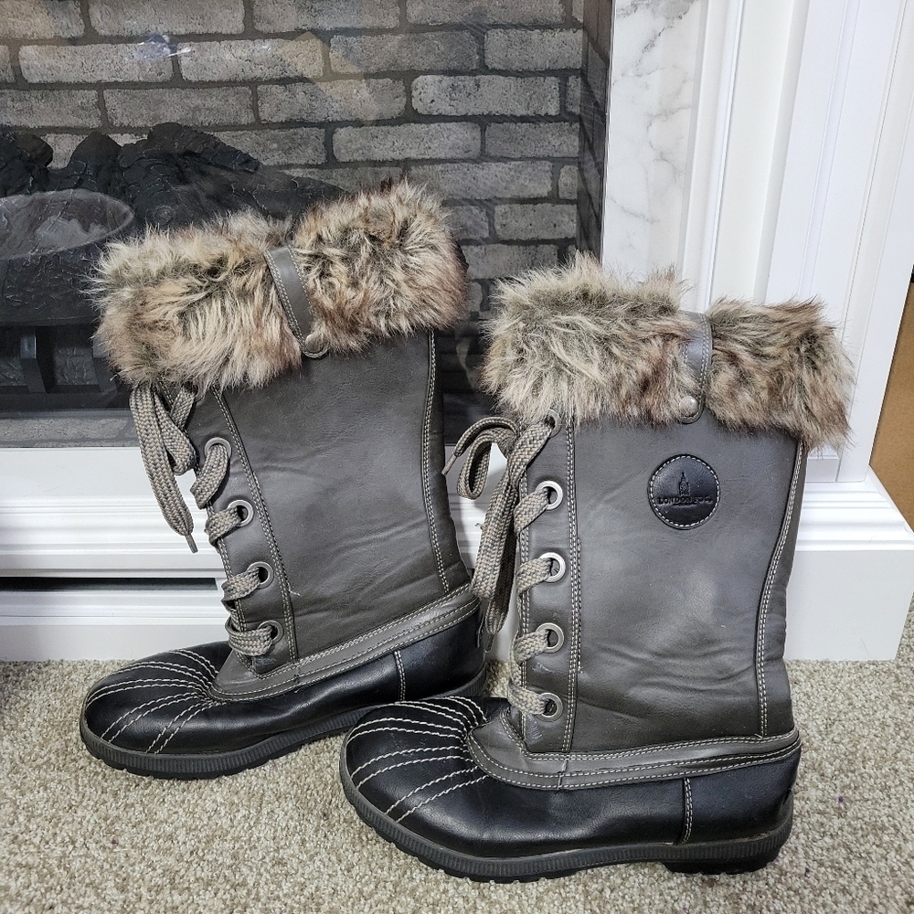 London Fog Black & Gray with Cream & Black Fur All Weather Boots, Size 10